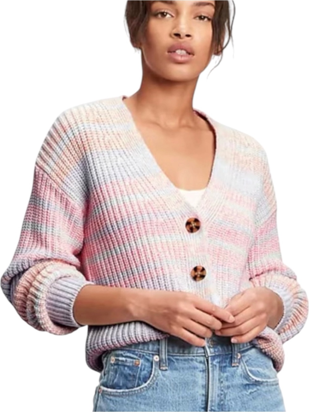 GAP Women's Cropped V-Neck Cardigan Size S Pastel Space Dye Stripe